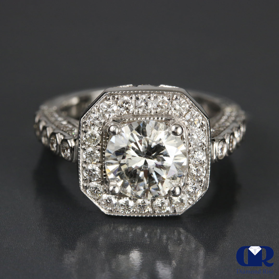 2.94 Carat Round Cut Diamond Halo Engagement Ring In 14K White Gold