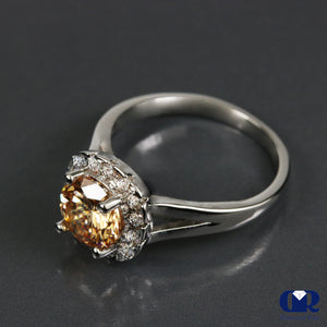 Natural 1.50 Carat Round Cut Champagne Diamond Halo Engagement Ring 14K White Gold