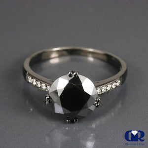 3.12 Carat Round Cut Black Diamond Engagement Ring In 14K White Gold