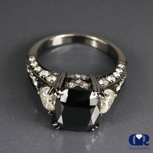 4.65 Carat Cushion Cut Black Diamond Engagement Ring In 14K White Gold