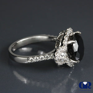 5.02 Carat Black Round Cut Diamond Halo Engagement Ring In 18K White Gold