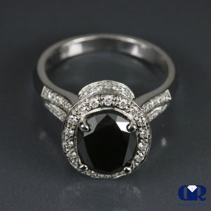 3.11 Carat Over Shape Black Diamond Halo Split Shank Engagement Ring 18K White Gold