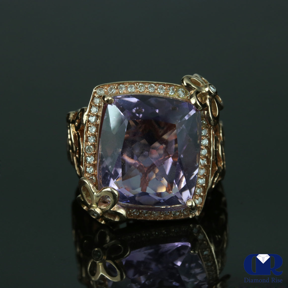 Large Diamond & Amethyst Cocktail Ring In 14K Rose Gold - Diamond Rise Jewelry
