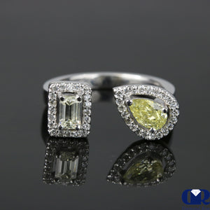 Fancy Yellow Pear Shaped & Emerald Cut Diamond Halo Engagement Ring 14K Gold - Diamond Rise Jewelry