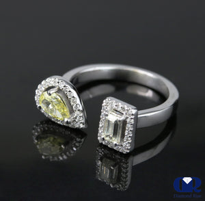 Fancy Yellow Pear Shaped & Emerald Cut Diamond Halo Engagement Ring 14K Gold - Diamond Rise Jewelry