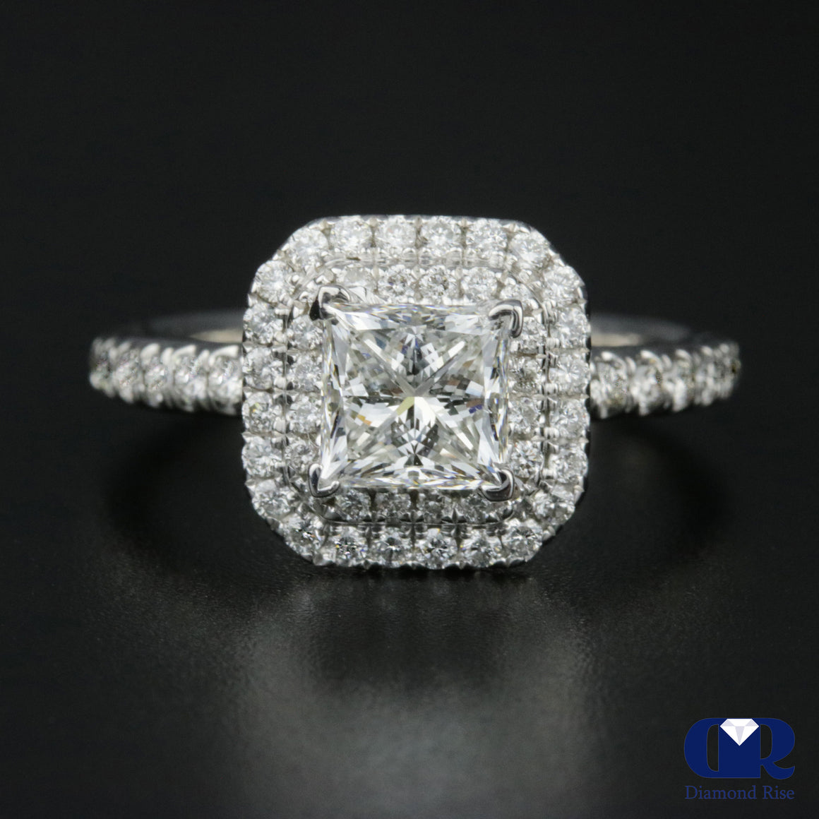 1.56 Carat Princess Cut Diamond Double Halo Engagement Ring In 14K White Gold - Diamond Rise Jewelry